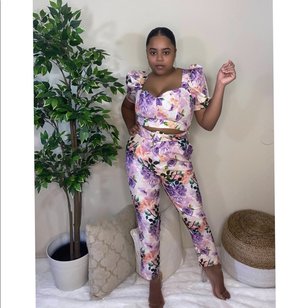 Two piece pants set- purple flower print